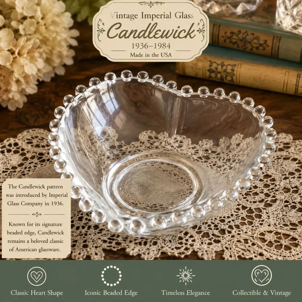 Vintage Imperial Glass Candlewick Heart Shaped Bowl Clear Beaded Edge Candy Dish